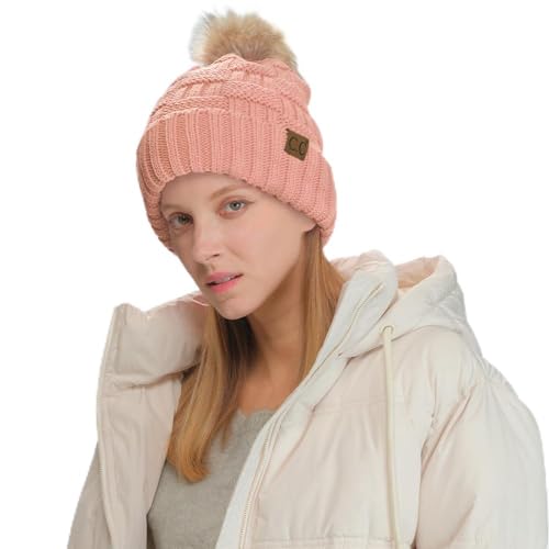 C.C Knit Beanie Hat – Fuzzy Fleece Lined Warm Winter Hat, Faux Fur Pom Soft Stretchy Slouchy Knit Cap, Cold Weather Beanie - color: Indi Pink