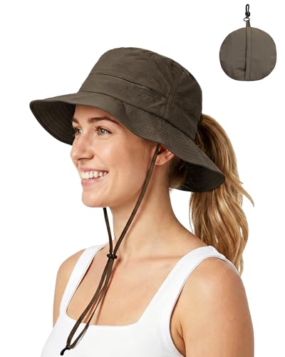 Womens Ponytail Sun Hat UPF50+ Waterproof Bucket Hat Packable Beach Hat - color: Coffee