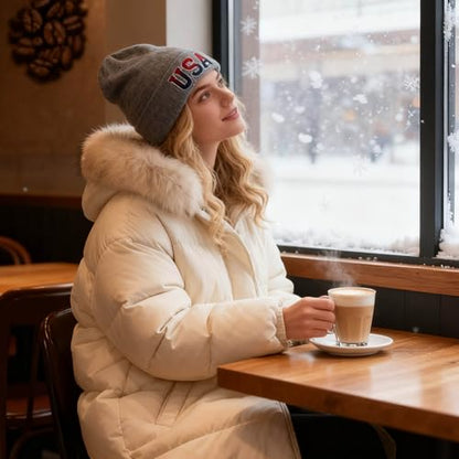 American Flag Beanie, USA Embroidered Winter Hat for Women Men - color: Usa-gray