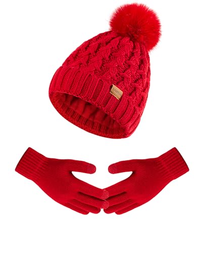 Women Winter Beanie Hat Gloves Set Pom Hat with Warm Fleece Lined Touchscreen Gloves for Cold Weather - color: Big Red