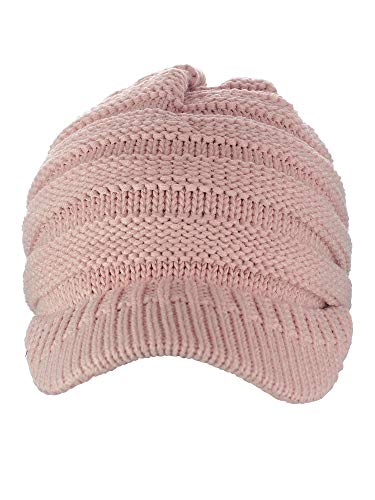 C.C Warm & Thick Cable Knitted Brim Visor Beanie Cap - color: Indi Pink