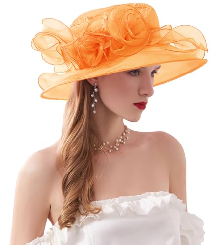 ORIDOOR Women’s Organza Church Tea Party Wedding Fascinator Derby Hat Wide Brim Sun Hats - color: D8-fragrant Orange