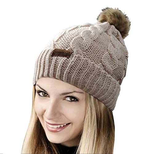Novarena Thick Cable Knit Faux Fuzzy Fur Pom Fleece Lined Skull Cap Cuff Beanie - color: Beige Pom Beanie
