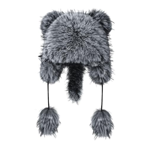 Raccoon Tail Parent-Child Plush Hat Warm Faux Fur Animal Hat with Tail - color: Adult Style-grey