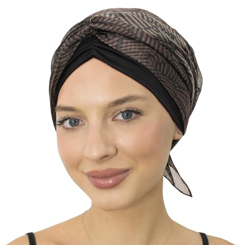 CAPLORD Chemo Headwrap for Women Turban Headwear for Cancer Patients Skull Cap Hair Loss Cover Lightweight Head Covering Hat - color: Black Earthen Flow