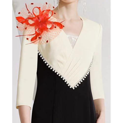 Women's Fascinator Feather Flower Hir clip & Corsage Dual-use Bridal Headpiece Hair Accessories Cocktail Party Wedding - color: Red