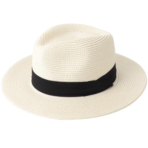 DRESHOW Women Straw Panama Hat Travel Fedora Beach Sun Hat Summer Wide Brim Straw Roll up Hat UPF 50+ - color: Z Panama Straw Hat: : Ivory White a