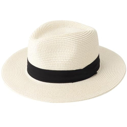 DRESHOW Women Straw Panama Hat Travel Fedora Beach Sun Hat Summer Wide Brim Straw Roll up Hat UPF 50+ - color: Z Panama Straw Hat: : Ivory White a