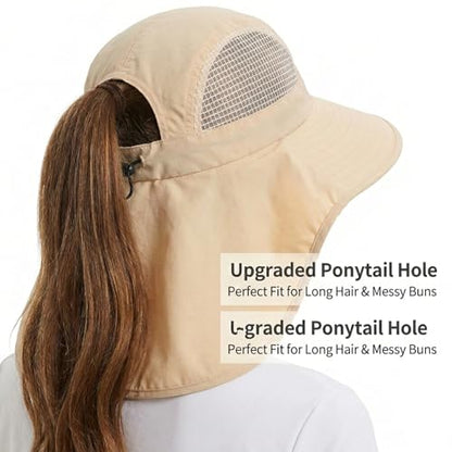 UV Sun Protection Hat Women Foldable Neck Flap Wide Brim Fishing Hat with Ponytail Hole for Women - color: Pink