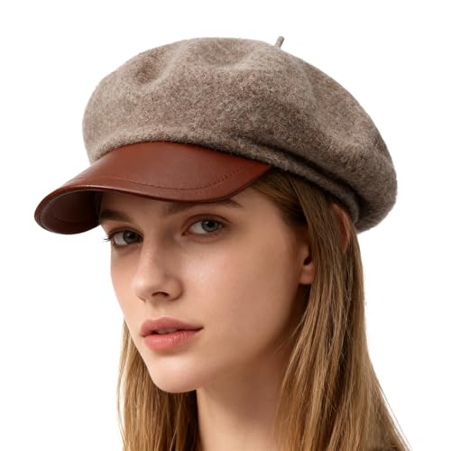 Andiker Beret Hats for Women, Warm Wool Blend and PU Leather Newsboy Hat, Fashion Vintage Ladies Winter Hat - color: Brown