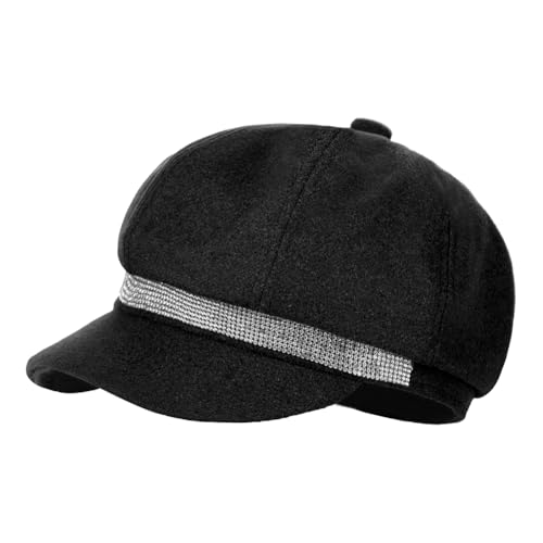 Women Rhinestone Hat Band Newsboy Hat Cabbie Baker boy Hat Beret Cap - color: Black