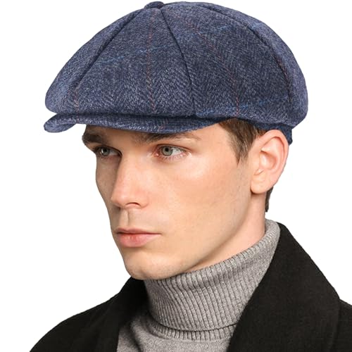 Mens Newsboy Cap High Woolen Tweed Gatsby Hat Ivy Cabbie Flat Golf Cap for Fathers Women Unisex - color: Herringbone Plaid Navy, size: 7-7 1/8