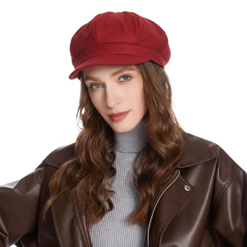 ZLYC Women Classic Newsboy Cap Visor 8 Panel Gatsby Cabbie Paperboy Hat - color: Red