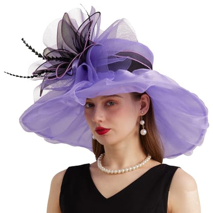 Women Organza Church Derby Hat Wide Brim Sun Caps for Wedding Tea Party Hat with Detachable hat Flower as Headgear - color: 10-purple