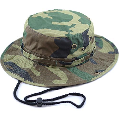The Hat Depot Cotton Stone-Washed Safari Wide Brim Foldable Double-Sided Sun Boonie Bucket Hat - color: 5. Woodland Camo, size: Small-Medium