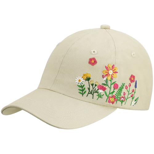 Trendy Handmade Embroidered Baseball Cap for Girls Women, Vintage Wash - style: Floral(beige)