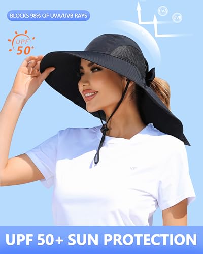 Womens Sun Hat Outdoor UV Protection Wide Brim Fishing Hat with Ponytail Hole Neck Flap for Beach Hiking Camping - color: Sun Hat-black