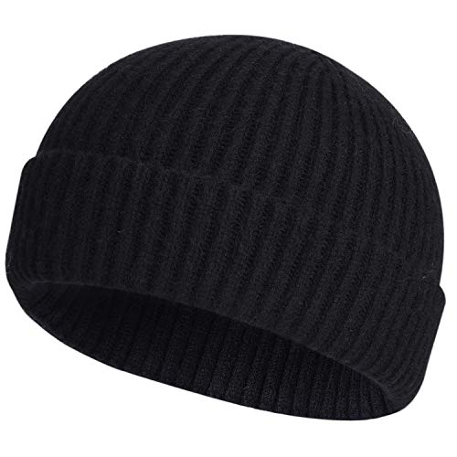 ROYBENS Swag Wool Knit Cuff Short Fisherman Beanie for Men Women Winter Hat - color: 1a-black