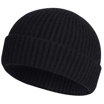 ROYBENS Swag Wool Knit Cuff Short Fisherman Beanie for Men Women Winter Hat - color: 1a-black