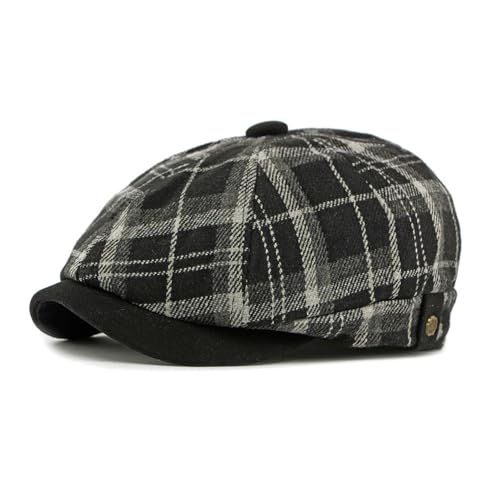 Men's Faux Woolen Tweed Plaid Ivy Cabbie Gatsby Newsboy Golf Paperboy Hat Cap - color: 877black