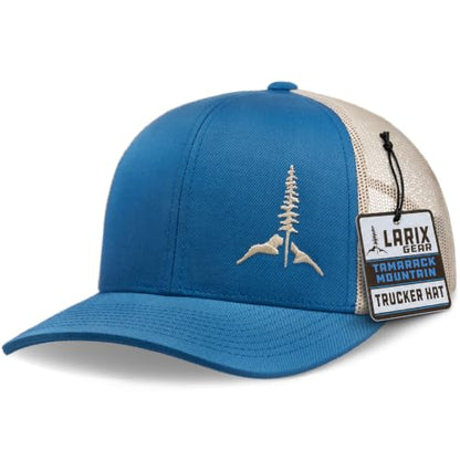 Larix Hats for Men, Trucker Hat Men, Tamarack Mountain, Mesh Snapback - color: Royal Blue Beige - Tm
