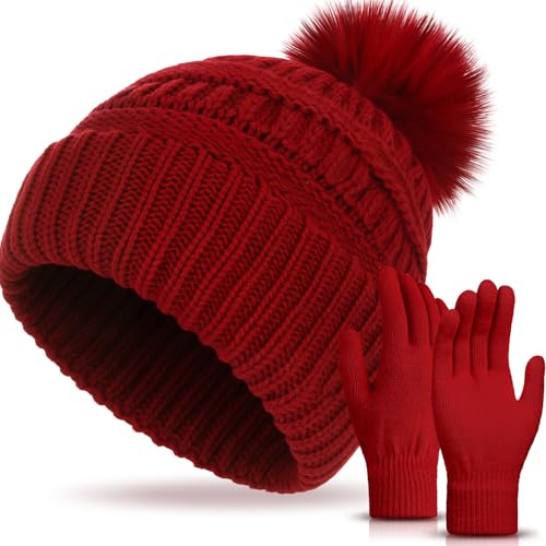 Women's Knitted Beanie Hat Gloves Set Winter Pom Pom Cable Knit Hat with Warm Stretchy Gloves for Women - color: Red