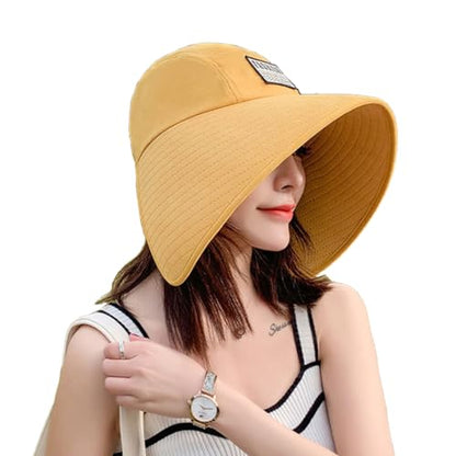 Women Floppy Sun Beach Hat Packable Wide Brim Bucket Hat UPF 50+ UV Protection Travel Beach Cap - color: Yellow