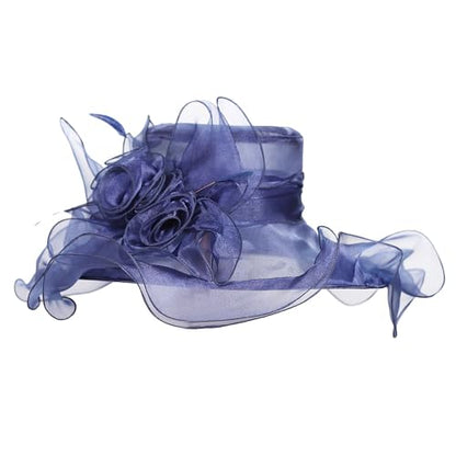 Women Oganza Sun Hat Church Wide Brim Wedding Formal Fascinator Hat - color: Navy