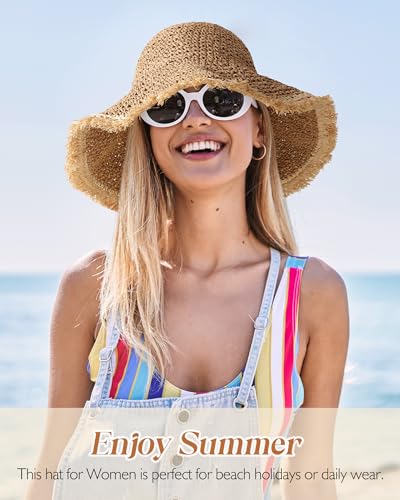 Beach Hats for Women, Straw Bucket Hats Packable Wide Brim - color: Khaki
