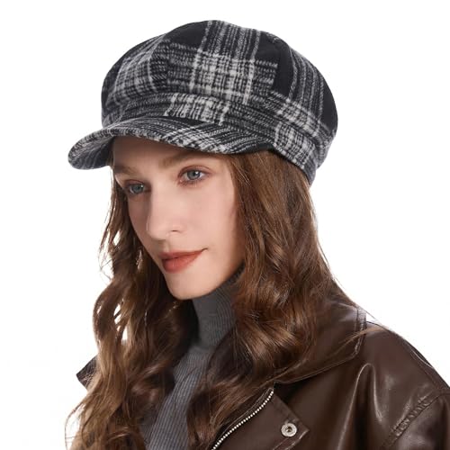 ZLYC Women Classic Newsboy Cap Visor 8 Panel Gatsby Cabbie Paperboy Hat - color: Tartan Plaid Black