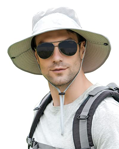 Mens Sun Hat Wide Brim Breathable Mesh UPF 50+ Waterproof Fishing Hat Safari Hat Foldable Boonie Cap - color: Light Gray