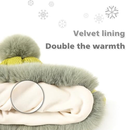 Winter Hats Cute Kint Hat Russian Fur Crochet Hat Slouchy Beanies with Pompom Warm Fuzzy Snow Cap Trapper Hat for Women - color: Light Green