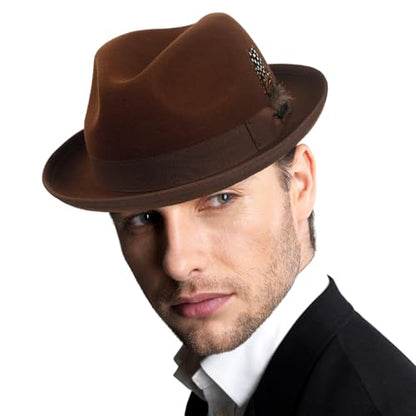 Men's Wool Fedora Hats Women Felt Trilby Derby Hat with Feather - color: Brown, size: X-Large