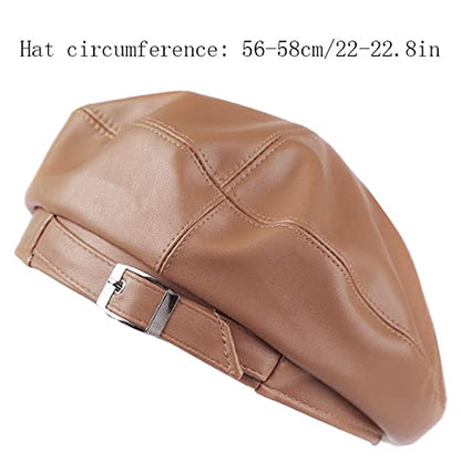 Women Buckle Spring Fall Winter Faux Leather Beret Classic British Style Hat - color: Yellow