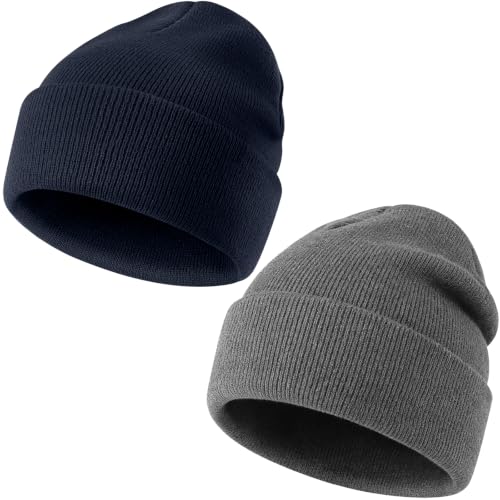 IYEBRAO 2-Pack Unisex Cuffed Beanie Hat for Men Women Skull Knit Cap - color: Dark Grey&navy Blue 2pcs