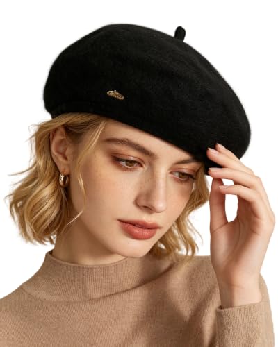 Classic French - Style Wool Beret with Metal Decoration - Solid Color Painters Hat - Ideal for Artists All Year Round - color: Black