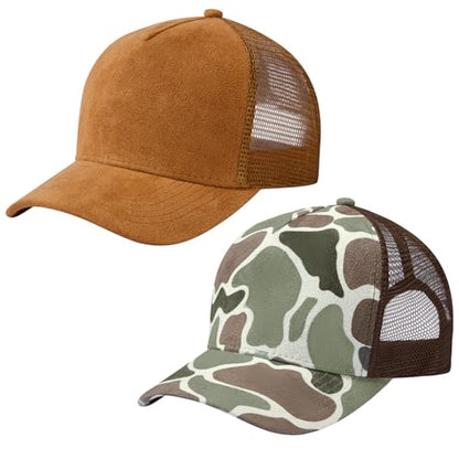 Suede Curved Brim Trucker Cap Adjustable Snapback Hat Mesh Back Breathable for Men Women 2 Pack SH03 - color: Pack of 2, Brown & Color Block Camo