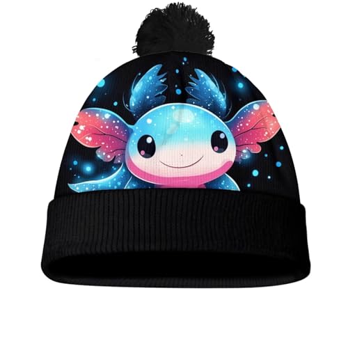 Girls Boys Winter Warm Knit Beanie Pompom Elasticity Slouchy Hat Skull Caps for Childrens - color: Black Cute Axolotl