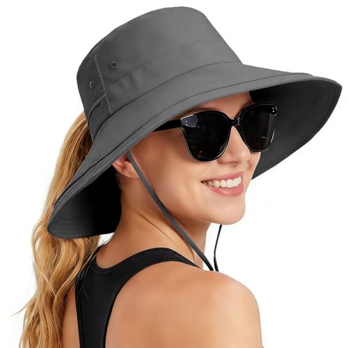Rosoz Women Sun Hat with Ponytail Hole Wide Brim Bucket Hats UPF 50+ Beach Hiking Gardening Hat Water-Resistant Outdoot Hat - color: Dark Grey