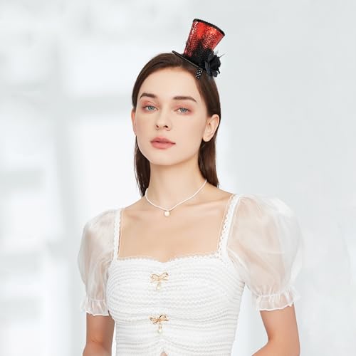 WLBON Halloween Mini Top Hat Headband 1920s Flower Sequins Hair Hoops Bands Fascinator Headpiece Hairband Women Christmas Holiday Festival Parade Cosplay Dress Up Birthday Tea Party Accessories Red - color: Red Tone