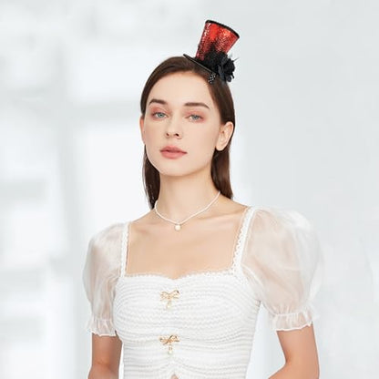 WLBON Halloween Mini Top Hat Headband 1920s Flower Sequins Hair Hoops Bands Fascinator Headpiece Hairband Women Christmas Holiday Festival Parade Cosplay Dress Up Birthday Tea Party Accessories Red - color: Red Tone