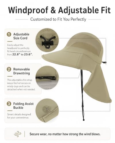 Sun Hat UPF50+, Breathable Wide Brim Bucket Hat Outdoor for Hiking Garden - color: Khaki