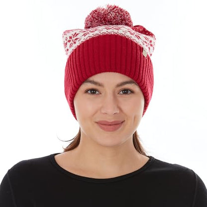 100% Merino Wool - Midweight Cuff Pom Beanie - Winter Pom Pom Hat - color: True Red Natural Cream Snowflake