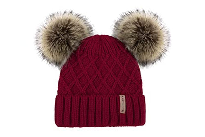 Arctic Paw Womens Winter Hat Cable Knit Beanie for Women Faux Fur Pompom Ears - color: Burgundy_grid