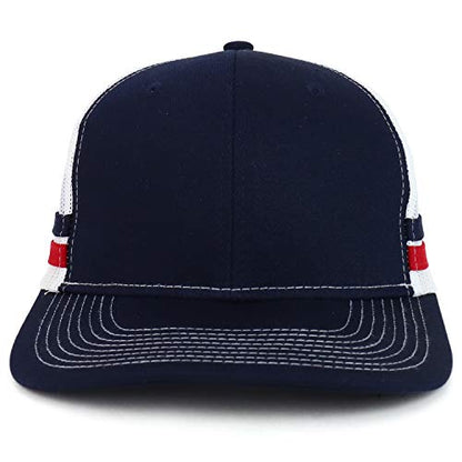 Trendy Apparel Shop Two Striped Flatbill Snapback Trucker Mesh Cap - color: Rich Navy Flame Red