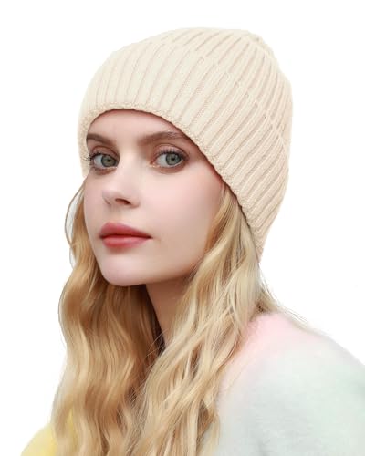 ROYBENS Womens Satin Lined Beanie for Men Wool Knit Cuffed Warm Winter Hats - color: 1pcs-beige
