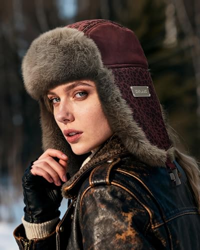 Croogo Faux Fur Trapper Hats with Ear Flaps Aviator Hat for Cold Weather Outdoor Ski Cap Black Ushanka Hat for Men Women - color: Pl2514-red