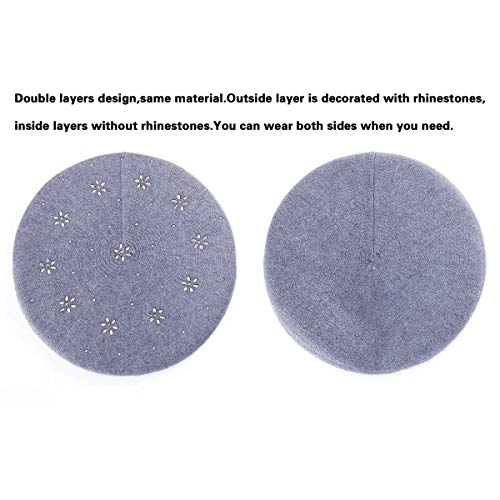 LADYBRO Rhinestone Beret Hats for Women 2 Layers Wool Knit Cap Lady Winter - color: Blue (Floral Pattern)