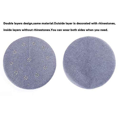 LADYBRO Rhinestone Beret Hats for Women 2 Layers Wool Knit Cap Lady Winter - color: Blue (Floral Pattern)