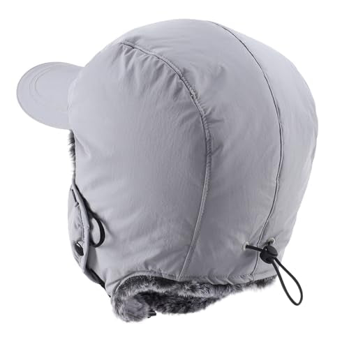 Home Prefer Waterproof Mens Faux Fur Trooper Trapper Hat Hunting Warm Winter Hat with Ear Flaps Visor Face Mask - color: Grey